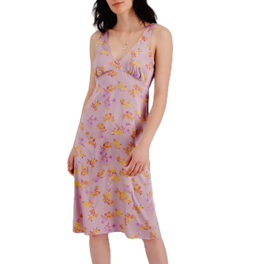 NWT Hippie Rose Women's Floral Print Calf Midi satin slip Dress Purple L